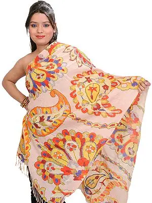 Peach-Blush Digital Printed Stole with Straight Stitch Embroidery