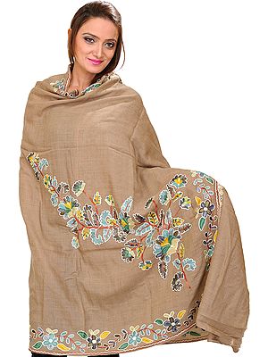 Shawl from Amritsar with Aari Embroidered Flowers in Multi-Colored Thread
