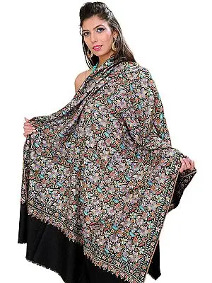 Jet-Black Superfine Kashmiri Pure Pashmina Shawl with Intricate Sozni Embroidered Flowers