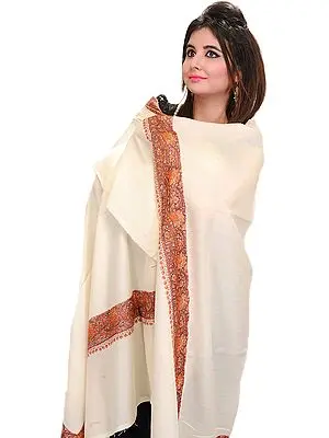 Plain Shawl from Kashmir with Sozni Embroidery on Border