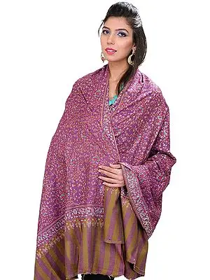 Wood-Violet Pure Pashmina Shawl from Kashmir with Sozni Embroidery All-Over