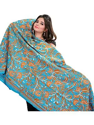 Capri-Breeze Kantha Dupatta with Hand-Embroidered Flowers and Leaves