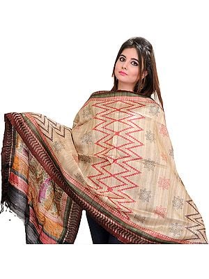Frosted-Almond Dupatta from Jharkhand with Printed Radha Krishna on Border
