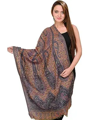 Biscuit-Colored Cashmere Jamawar Stole with Woven Large Paisleys