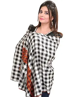 White and Black Stole From Kullu with Woven Checks and Kinnauri Border