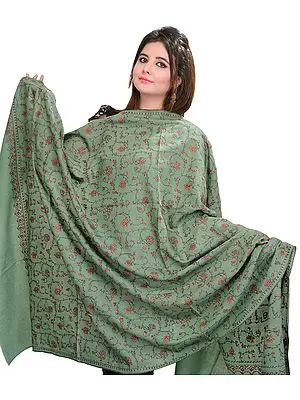 Feldspar-Green Tusha Shawl from Kashmir with Sozni Embroidered Flowers All-Over