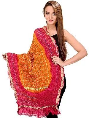 Orange and Pink Tie-Die Bandhani Gharchola Dupatta from Jodhpur with Golden Thread Weave