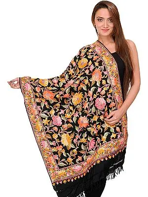 Black Stole from Kashmir with Aari Hand-Embroidered Flowers All-Over