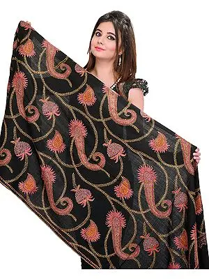 Black Kashmiri Tusha Stole with Sozni Hand-Embroidered Paisleys