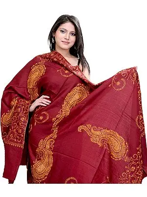 Maroon Tusha Shawl from Kashmir with Sozni Embroidered Paisleys