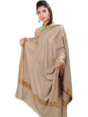 Cobblestone-Colored Plain Pure Pashmina Shawl from Kashmir with Sozni Embroidered Maple Leaves on Border