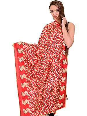 Tango-Red Phulkari Dupatta with Aari Embroidery All-Over