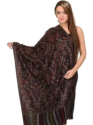 Black Cashmere Kani Stole with Woven Paisleys in Multi-Colored Thread