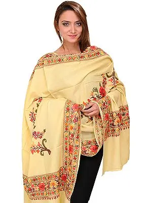 Straw-Colored Kashmiri Shawl with Aari Embroidered Flowers