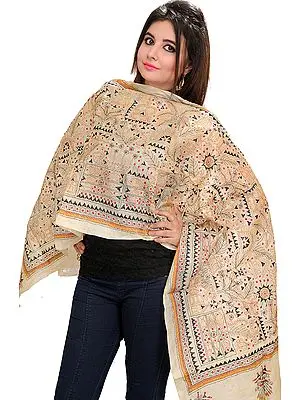Cloud-Cream Scarf with Kantha Stitch Embroidered Warli Folk Motifs