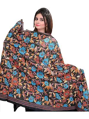 Black Kantha Dupatta with Hand-Embroidered Flowers and Foliage