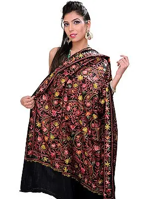 Black Kashmiri Shawl with Aari Embroidery All-Over