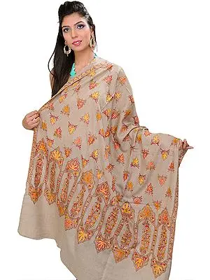 Simply-Taupe Pashmina Shawl from Kashmir with Hand Embroidered Maple Leaves