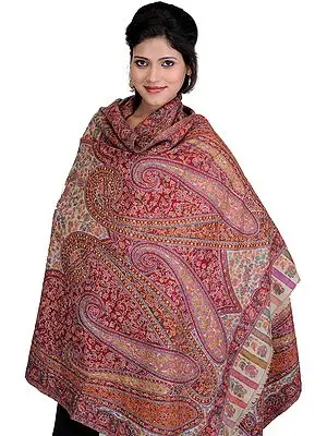 Fog-Color Kani Shawl with Kalamkari Needle Hand-Embroidery
