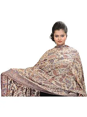 Cloud-Cream Cashmere Kani Shawl with Hand-Woven Paisleys