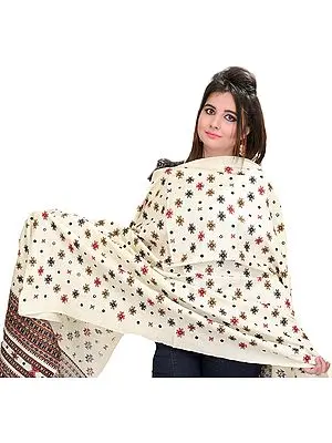 Papyrus-Ivory Shawl from Kutch with Woven Bootis and Mirrors