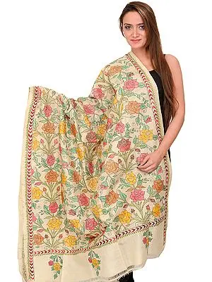 Cloud-Cream Kantha Dupatta with Hand-Embroidered Roses