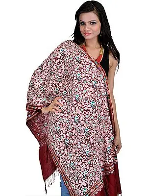 Rosewood Stole From Kashmir with Aari Embroidered Flowers All-Over
