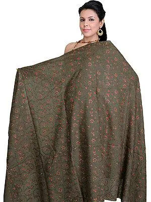 Dark-Olive Kashmiri Tusha Shawl with Sozni Embroidery by Hand