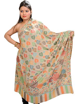 Oxford-Tan Kani Shawl with Woven Leaves in Multi-Colored Thread