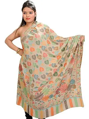 Oxford-Tan Kani Shawl with Woven Leaves in Multi-Colored Thread