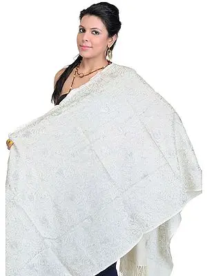 Vanilla-Ice Phulkari Stole with Aari Embroidery in Silver Thread and Sequins