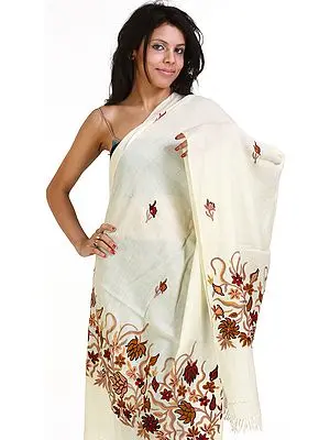 Ivory Stole from Kashmir with Aari Hand-Embroidery on Border