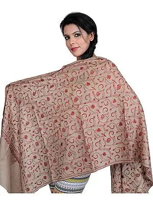 Oxford-Tan Kashmiri Tusha Stole with Needle Embroidery