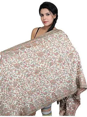 Egret-Colored Kani Jamawar Stole with Woven Paisleys