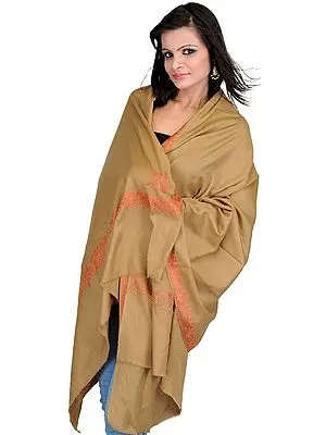 Lark-Colored Plain Kashmiri Shawl with Aari-Emboridered Border by Hand