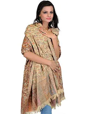 Almond-Oil Kani Jamawar Shawl with Woven Flowers