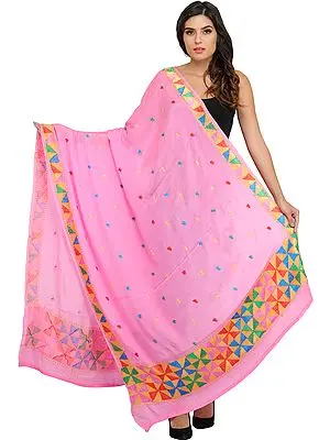 Phulkari Dupatta from Punjab with Hand-Embroidered Border and Bootis