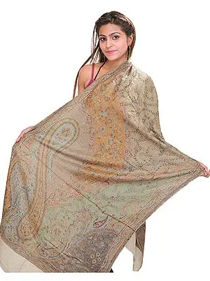 Gray-Morn Reversible Cashmere Kani Stole with Woven Paisleys in Multi-Colored Threads