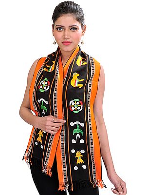 Black and Orange Scarf from Nagaland with Embroidered Auspicious Motifs