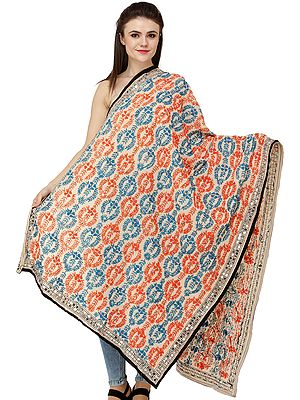 Phulkari Dupatta from Punjab with Hand-Embroidered Flowers and Sequins