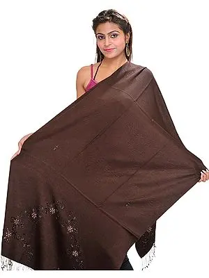 Chocolate-Brown Plain Handloom Cashmere Stole from Nepal with Embroidered Beads