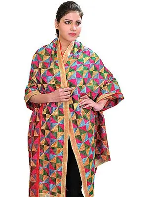 Multi-color Hand-Embroidered Phulkari Dupatta From Punjab