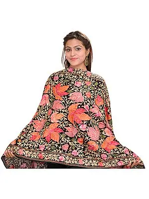 Jet-Black Stole with Aari Embroidered Maple Leaves