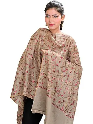 London-Fog Kashmiri Tusha Stole with Sozni Hand-Embroidered Flowers