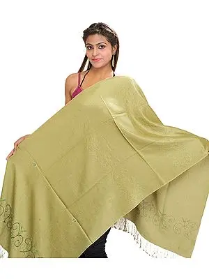 Sage-Green Plain Cashmere-Silk Stole from Nepal with Embroidered Beads