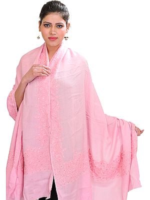 Plain Shawl From Amritsar with Beads and Embroidered Paisleys on Border