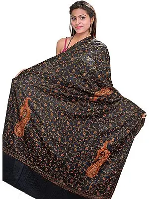 Caviar-Black Kashmiri Tusha Shawl with Needle-Embroidery by Hand