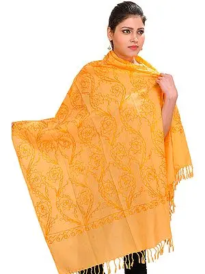 Flax-Yellow Stole with Embroidery in Self Colored Thread