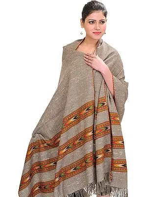 Fungi-Colored Kullu Shawl with Woven Kinnauri Triple Border