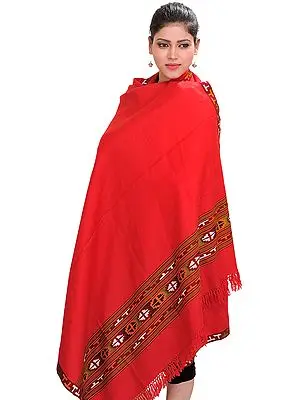 Lollipop-Red Shawl from Kullu with Kinnauri Woven Border